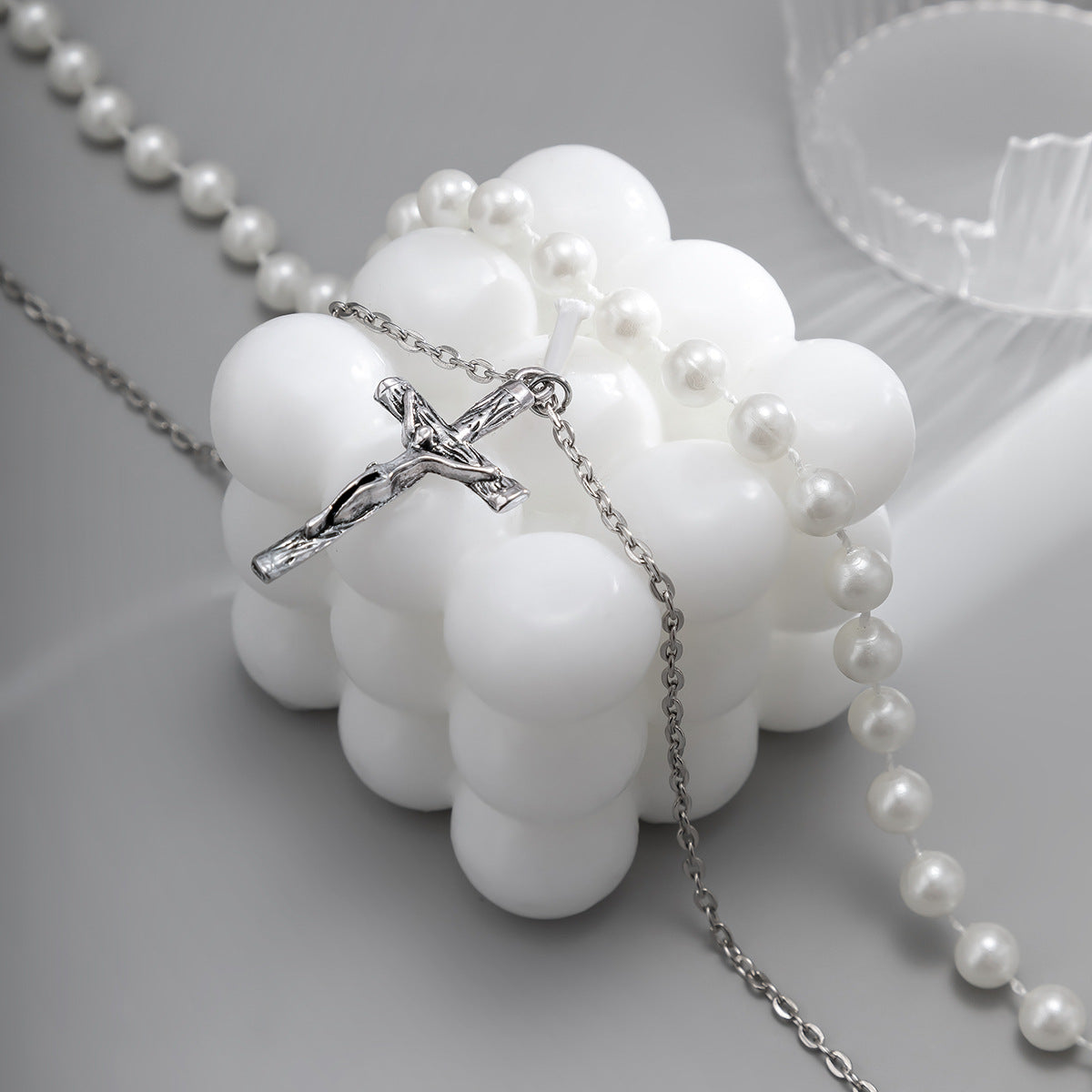 Men's Stacked Pearls and Cross Chains