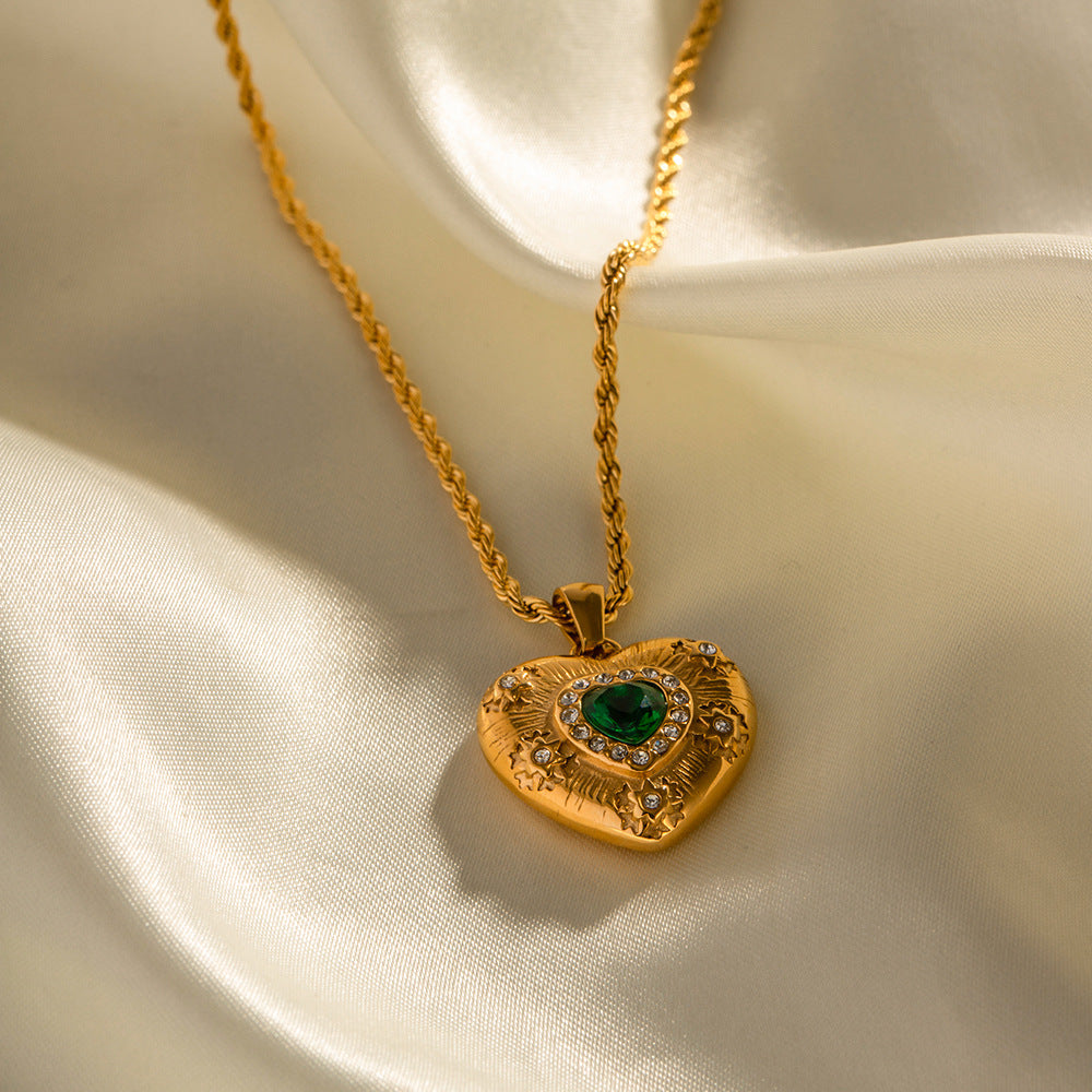 Exquisite Emerald and Zircon Heart Shape Pendant Necklace