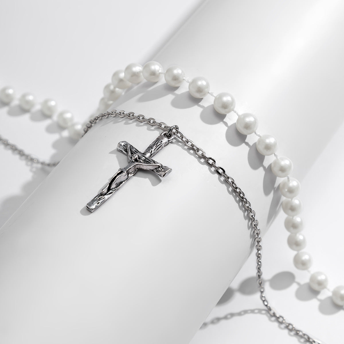 Men's Stacked Pearls and Cross Chains