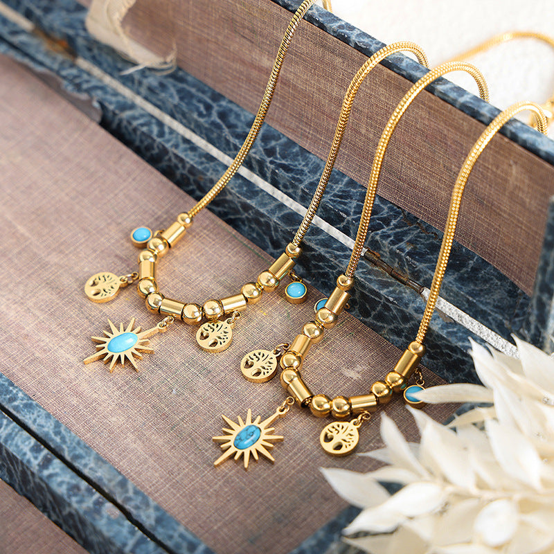 Tree of Life and Sun with Turquoise Design Bohemian Necklace Bracelet Set