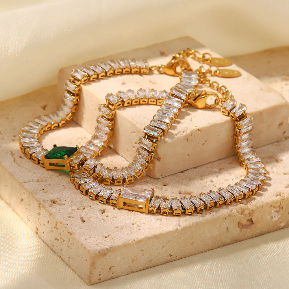 Square Inlaid Green Zircon Design Bracelet Necklace Set