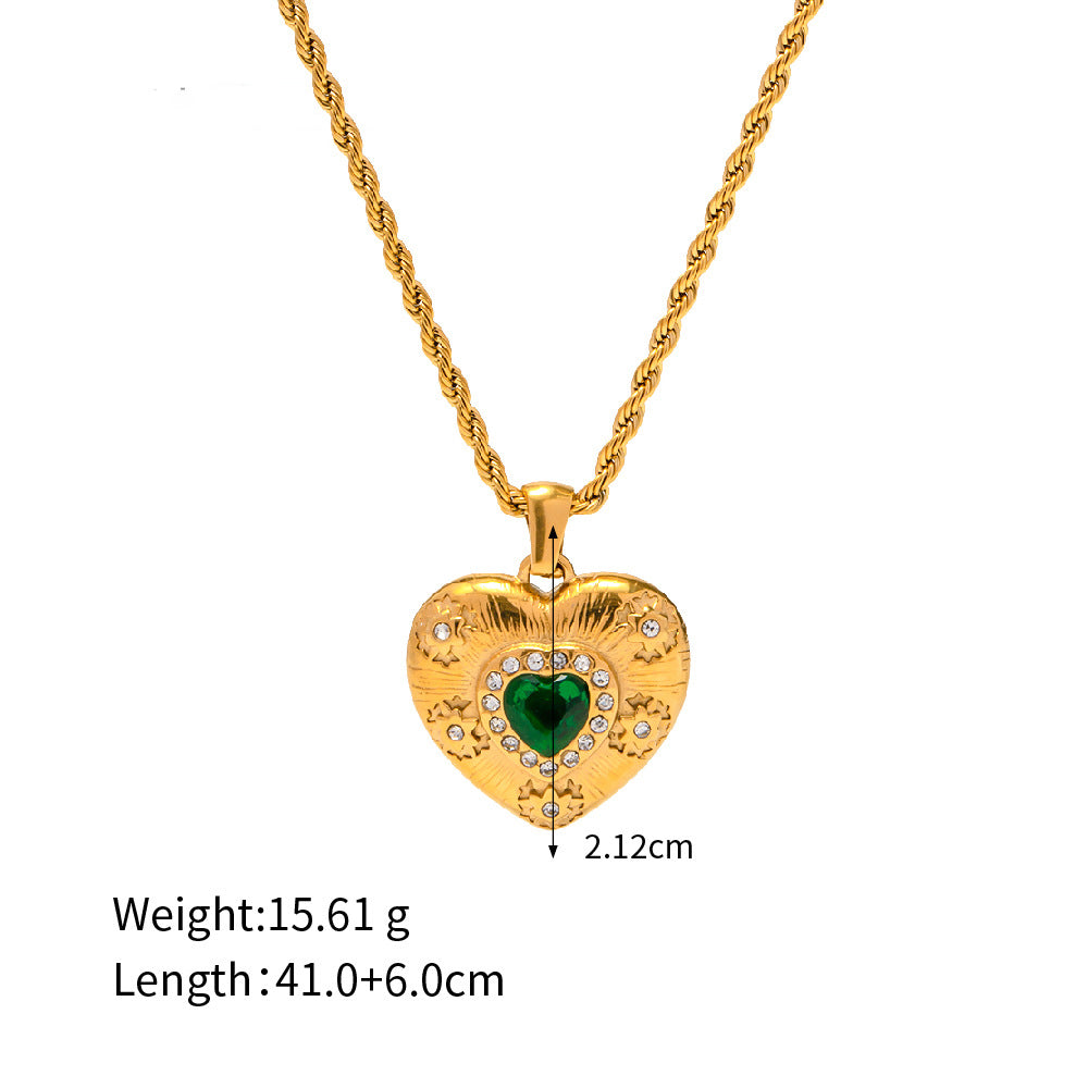 Exquisite Emerald and Zircon Heart Shape Pendant Necklace