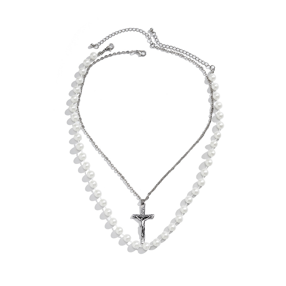 Men's Stacked Pearls and Cross Chains