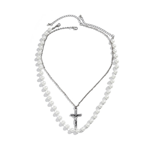 Men's Stacked Pearls and Cross Chains