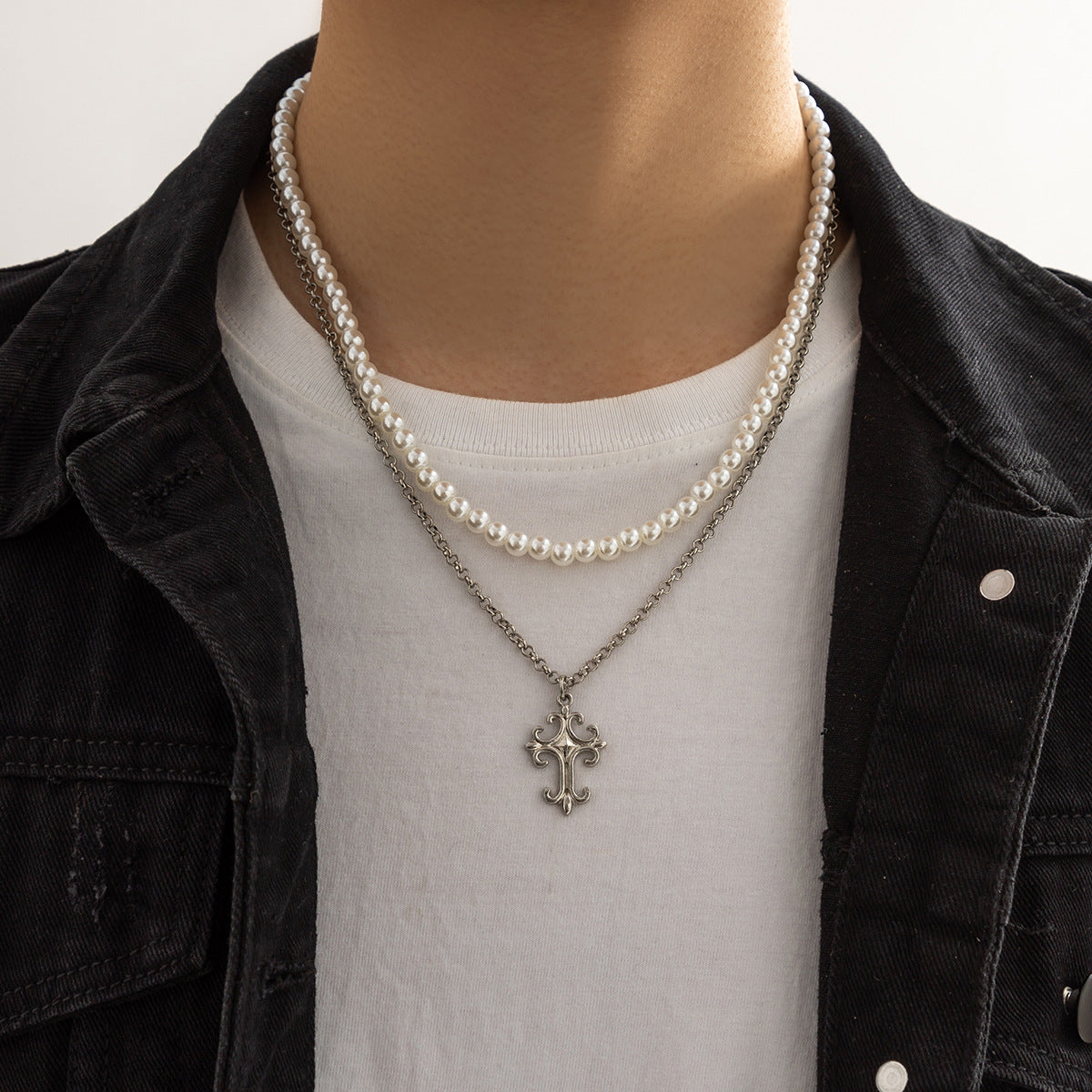 Men's Double-Layer Pearl with Cross Design