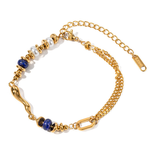 Personalized Inlaid Pearl and Lapis Lazuli Shaped Water Drop Design Bracelet