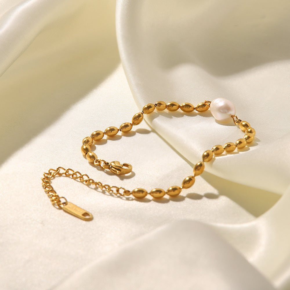 Natural Freshwater Pearl Oval Gold Beanie Bracelet