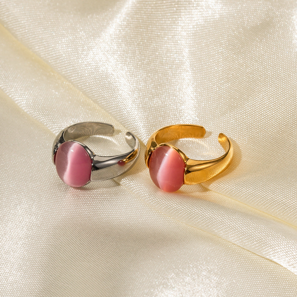 Oval Inlaid Pink Cat's Eye Design Ring