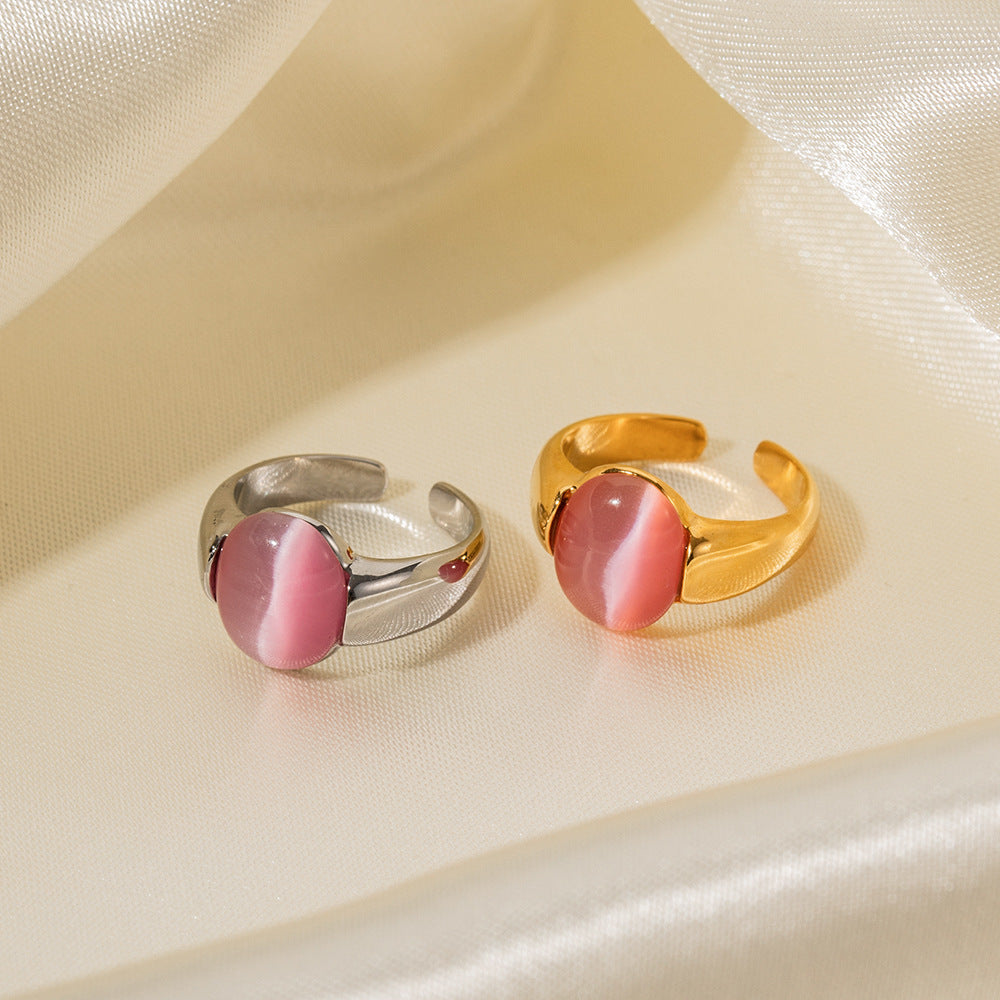 Oval Inlaid Pink Cat's Eye Design Ring