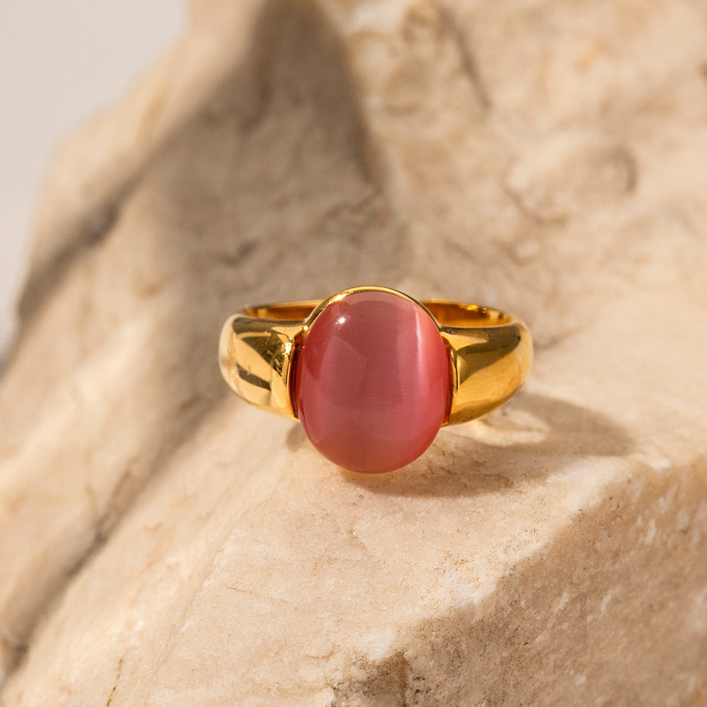 Oval Inlaid Pink Cat's Eye Design Ring