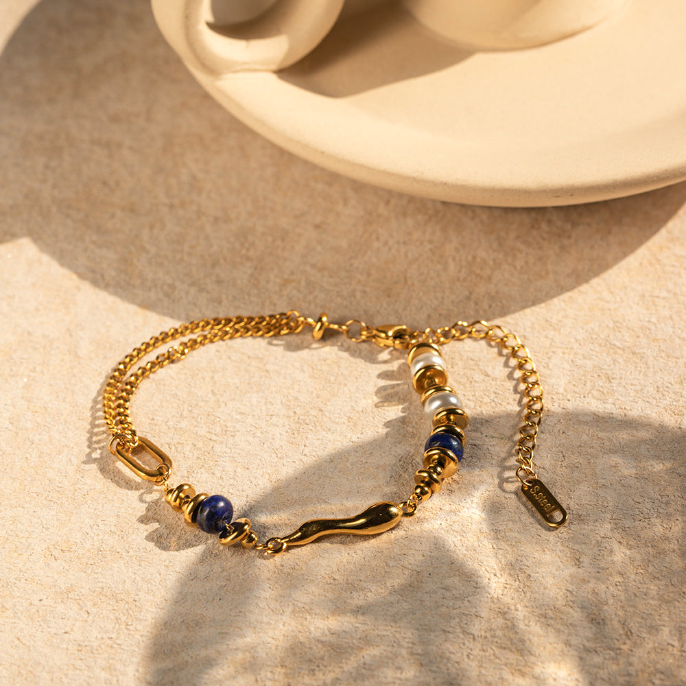 Personalized Inlaid Pearl and Lapis Lazuli Shaped Water Drop Design Bracelet