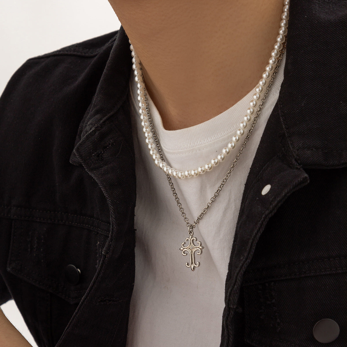 Men's Double-Layer Pearl with Cross Design