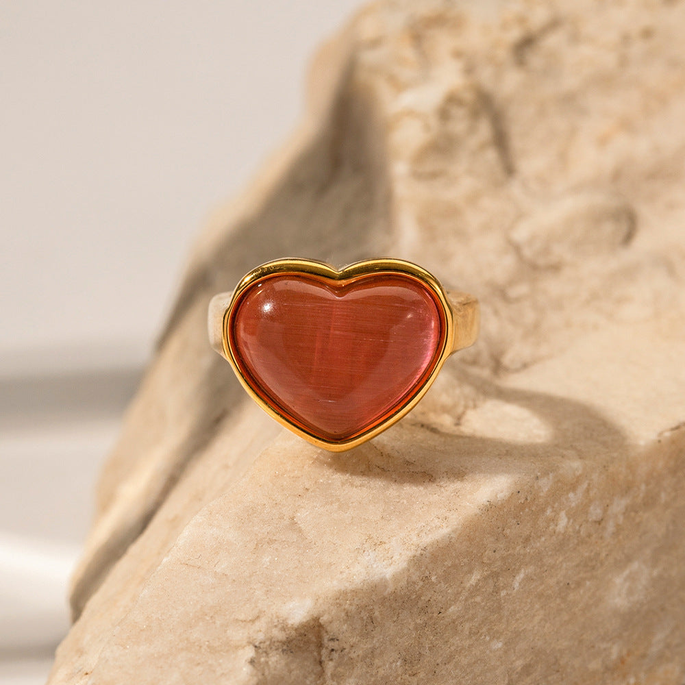 Heart Inlaid Cat's Eye Design Ring