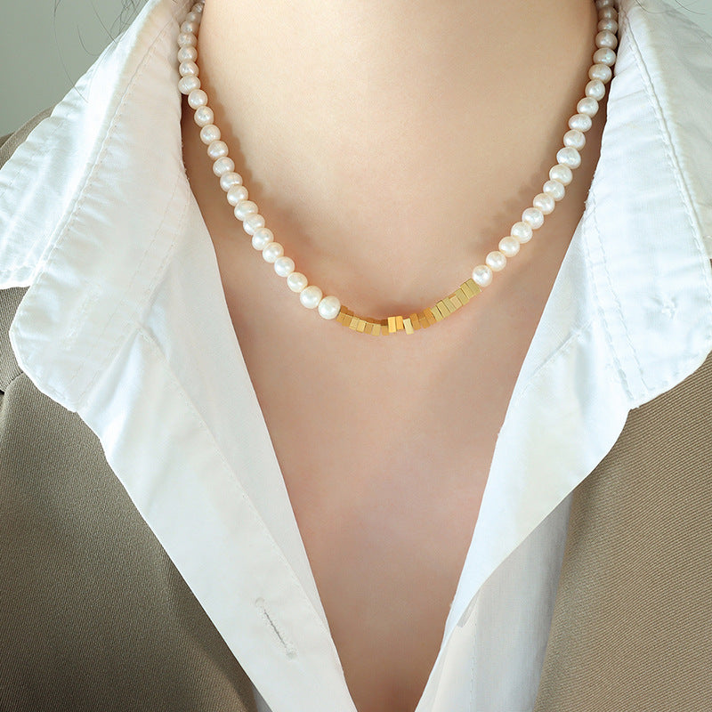 Pearl Necklace with Triangle Gold Plated Stitching