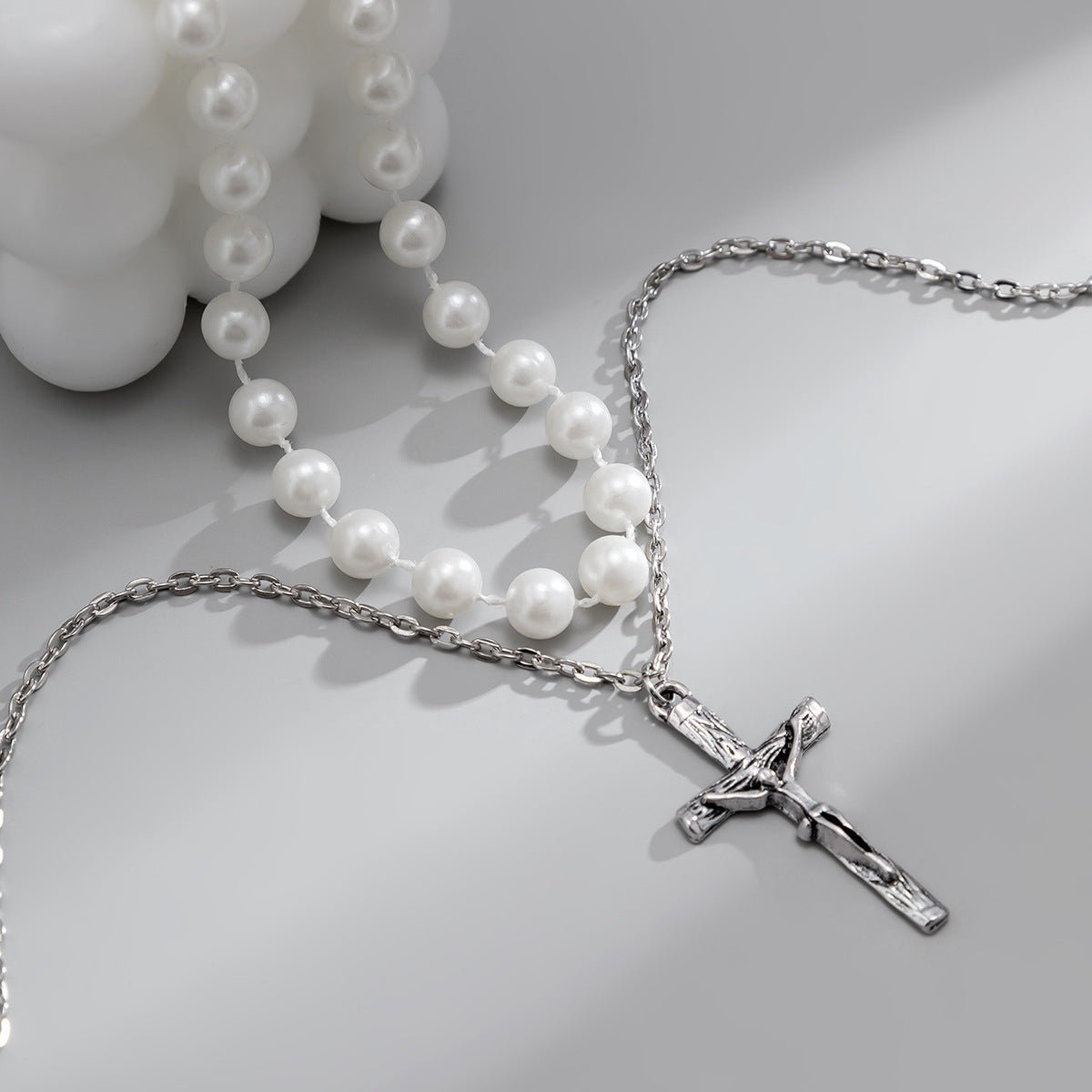 Men's Stacked Pearls and Cross Chains