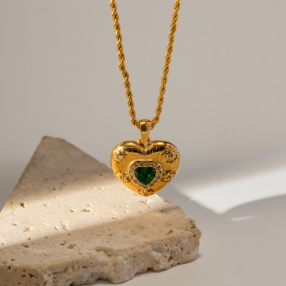 Exquisite Emerald and Zircon Heart Shape Pendant Necklace