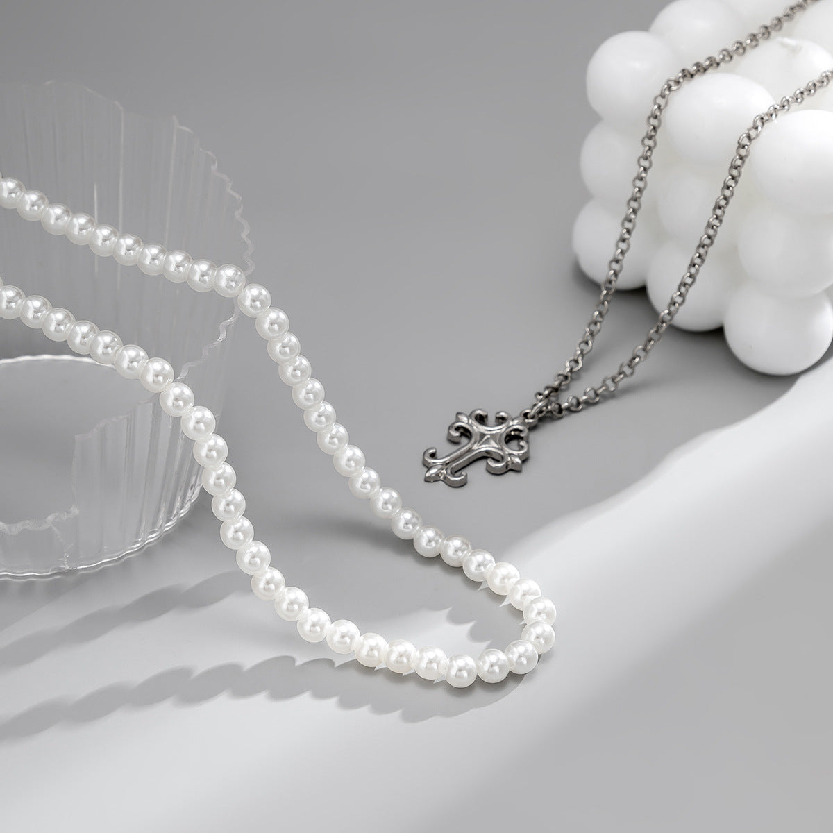 Men's Double-Layer Pearl with Cross Design