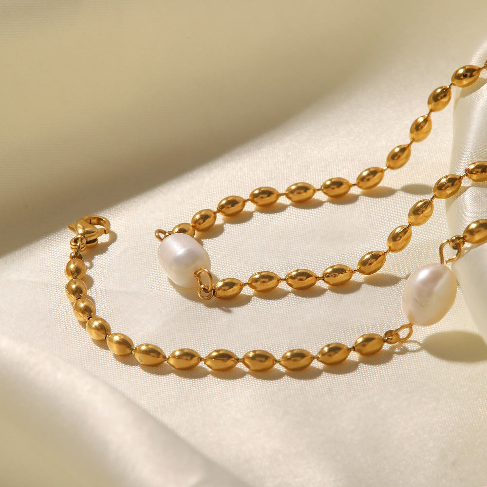 Natural Freshwater Pearl Oval Gold Beanie Bracelet