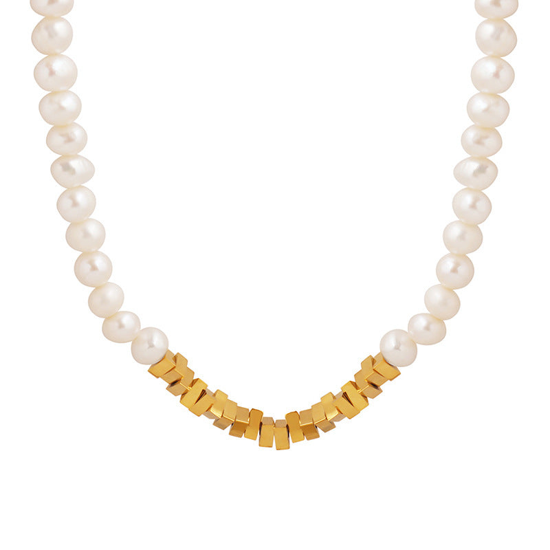 Pearl Necklace with Triangle Gold Plated Stitching