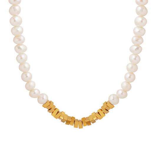 Pearl Necklace with Triangle Gold Plated Stitching