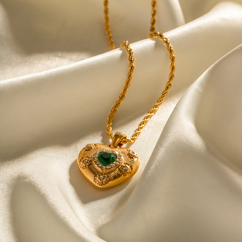 Exquisite Emerald and Zircon Heart Shape Pendant Necklace