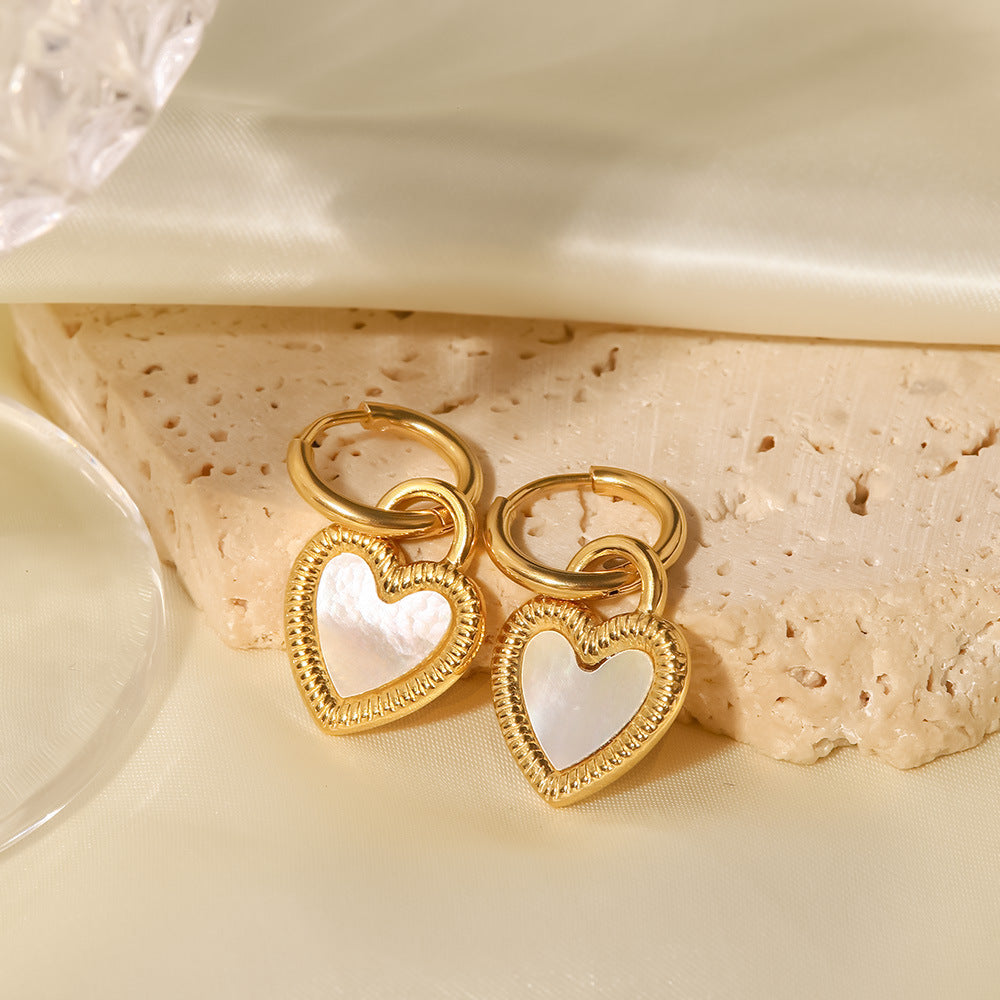 White Natural Shell Heart Lock Design Dangling Earrings