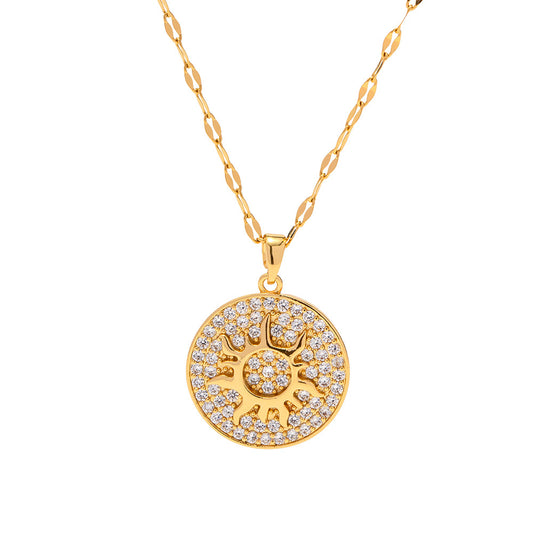 Simple Inlaid White Zircon Sun Disc Design Pendant Necklace