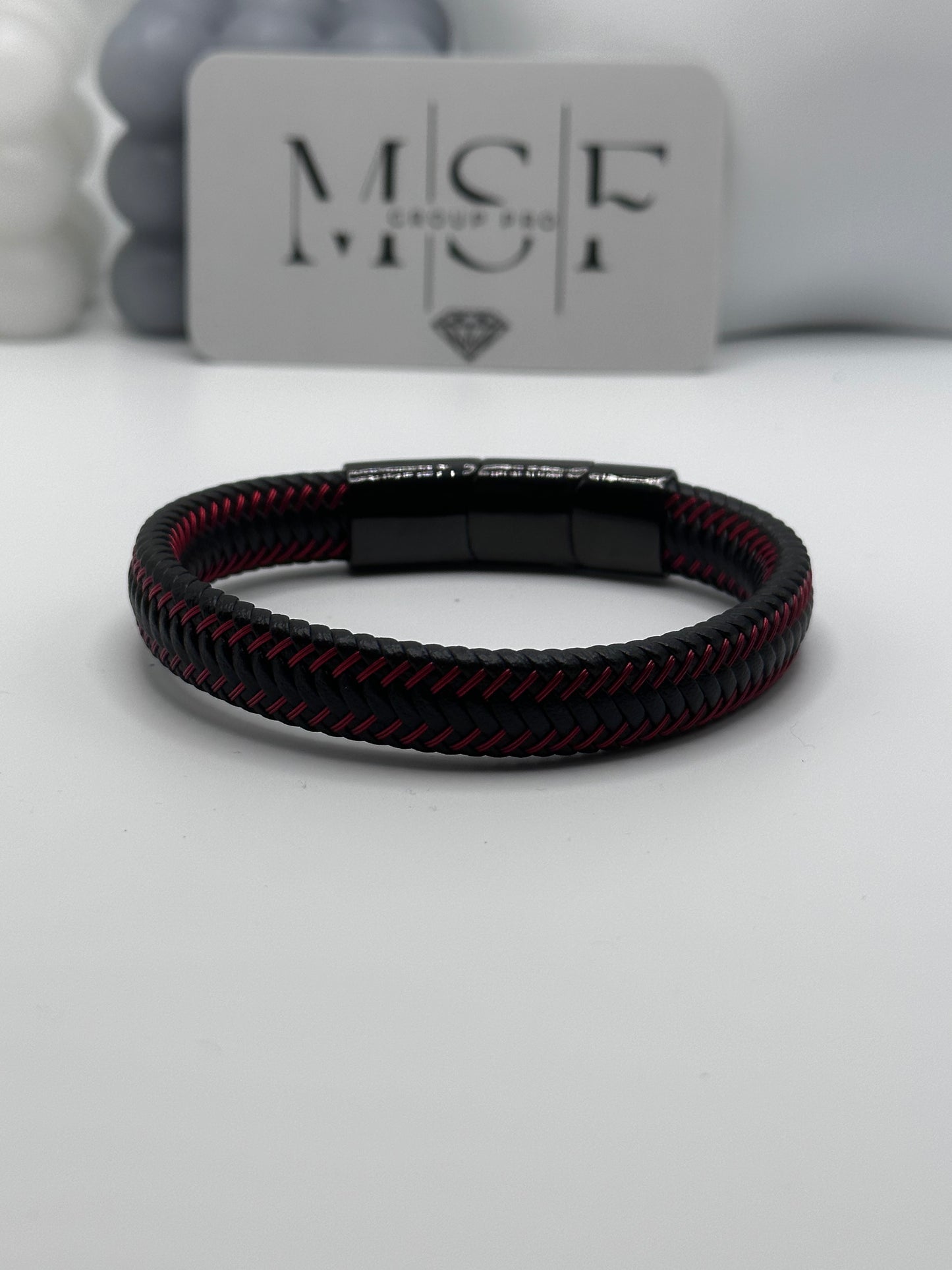 Black and Red Genuine Leather Men’s Bracelet