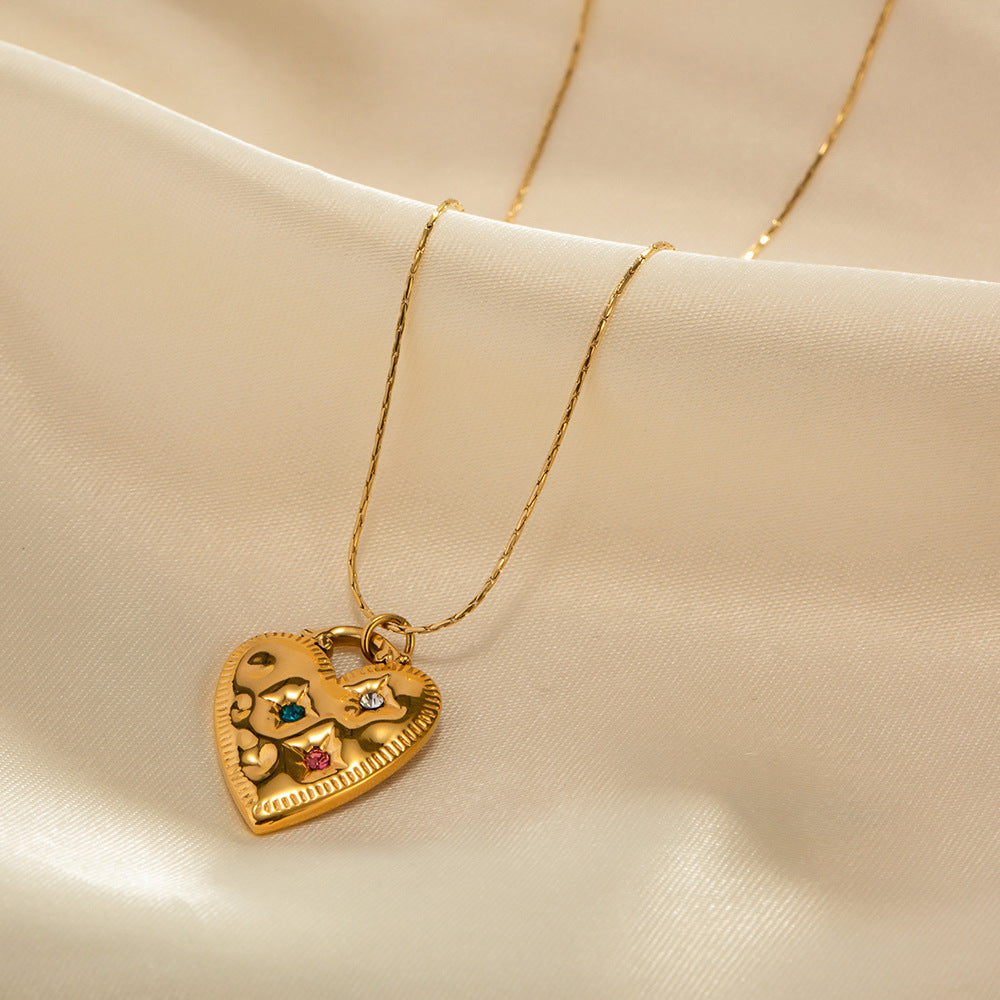 Simple Inlaid Colour Heart Pendant Versatile Necklace