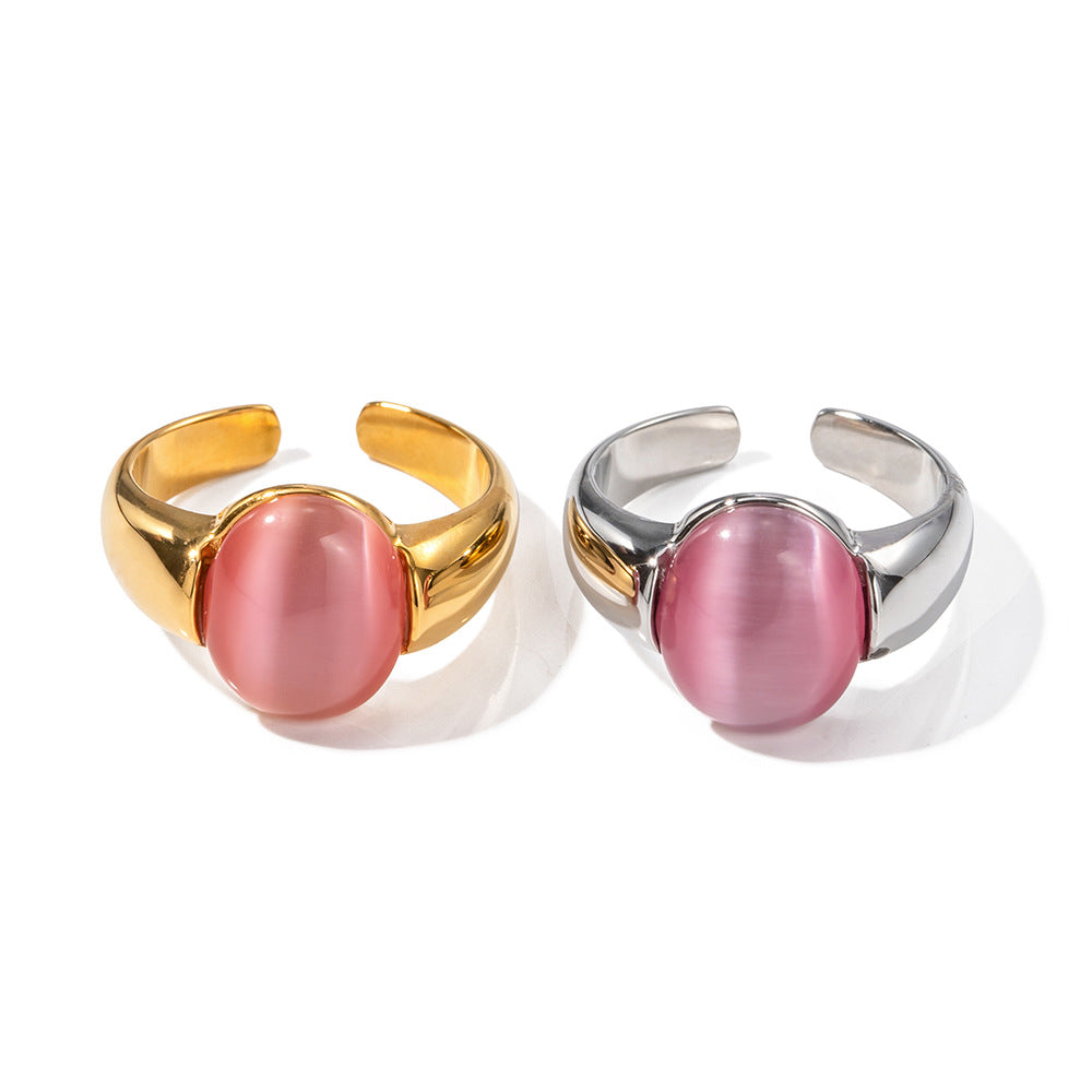 Oval Inlaid Pink Cat's Eye Design Ring