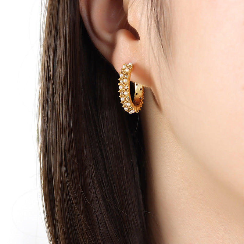 C Shape Zircon and Pearl Earrings