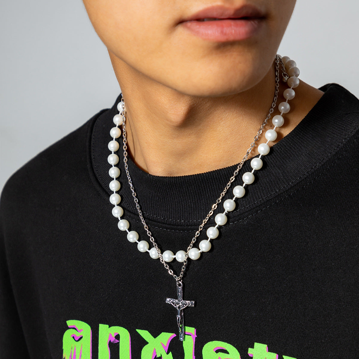 Men's Stacked Pearls and Cross Chains