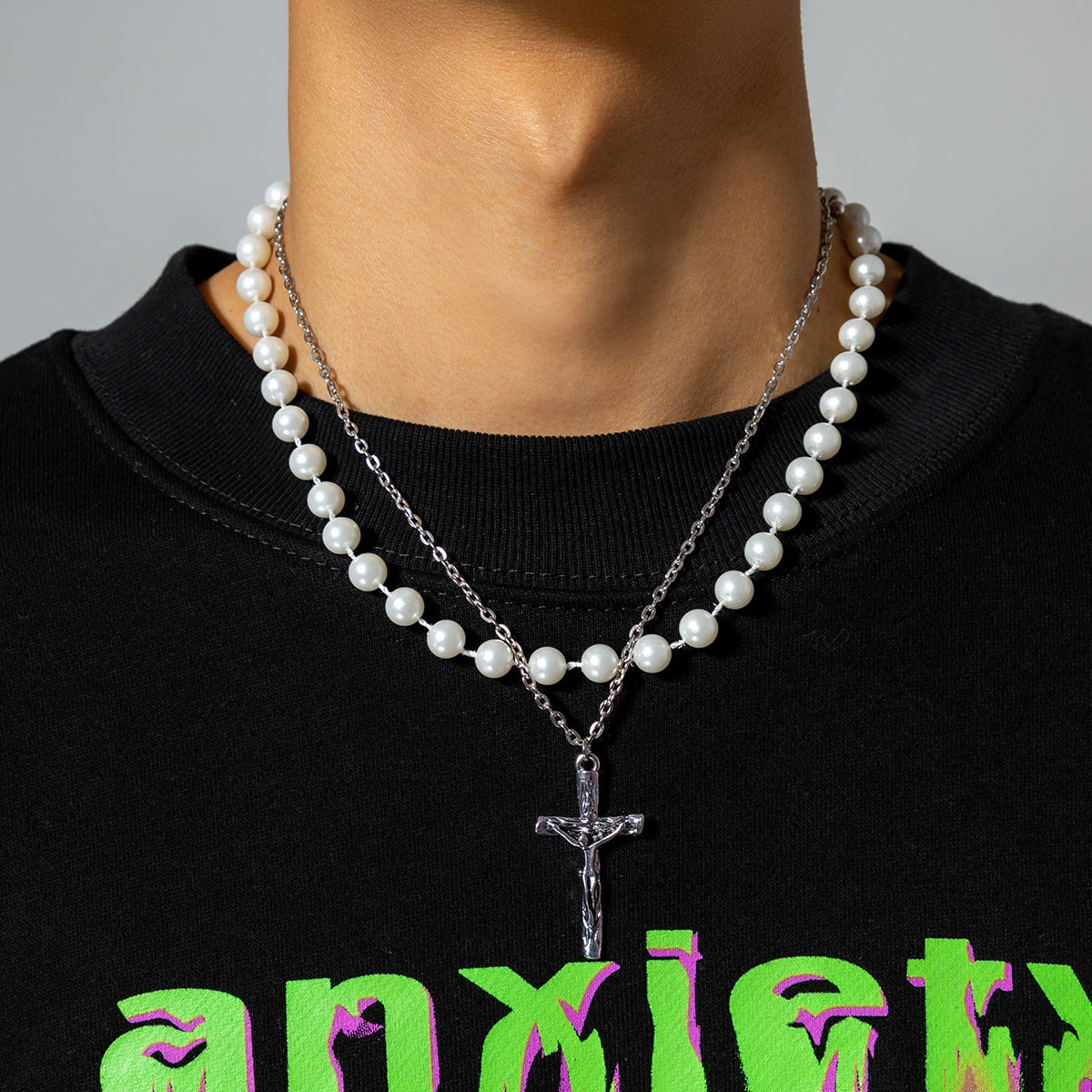 Men's Stacked Pearls and Cross Chains