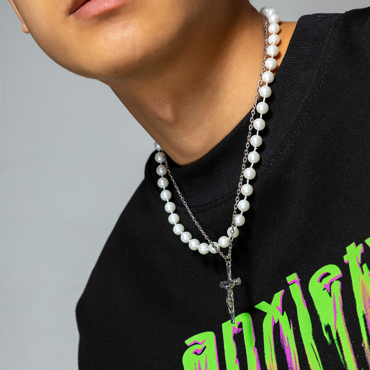 Men's Stacked Pearls and Cross Chains