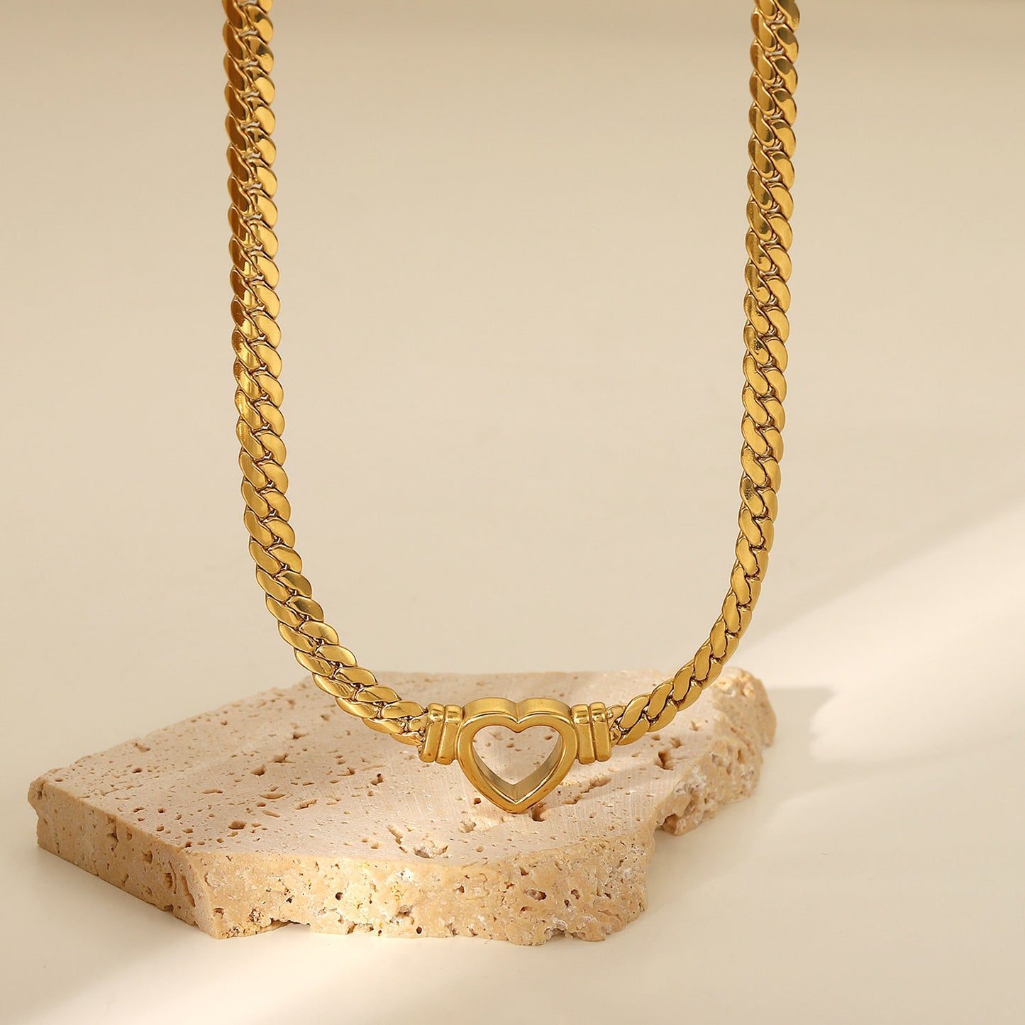 Flat Snake Chain with Hollow Heart Design Pendant