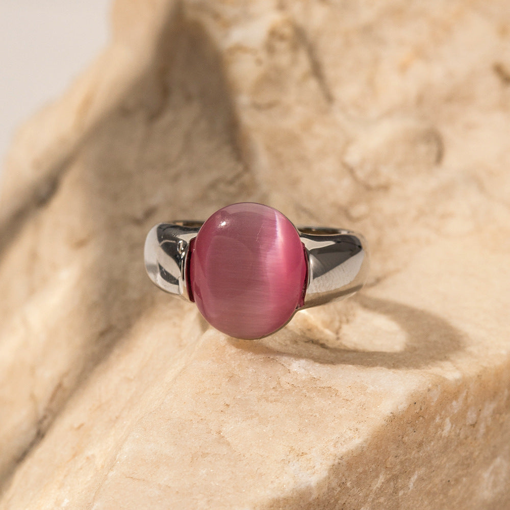 Oval Inlaid Pink Cat's Eye Design Ring