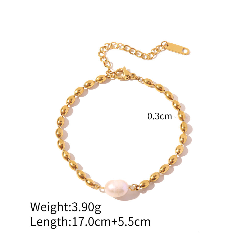 Natural Freshwater Pearl Oval Gold Beanie Bracelet