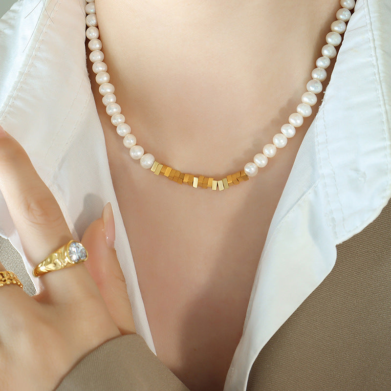 Pearl Necklace with Triangle Gold Plated Stitching