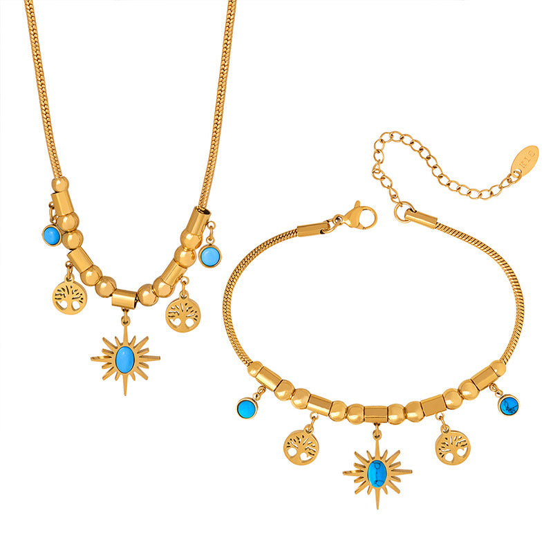 Tree of Life and Sun with Turquoise Design Bohemian Necklace Bracelet Set