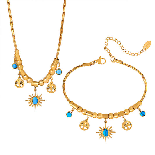 Tree of Life and Sun with Turquoise Design Bohemian Necklace Bracelet Set