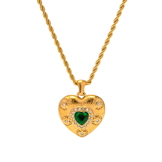 Exquisite Emerald and Zircon Heart Shape Pendant Necklace