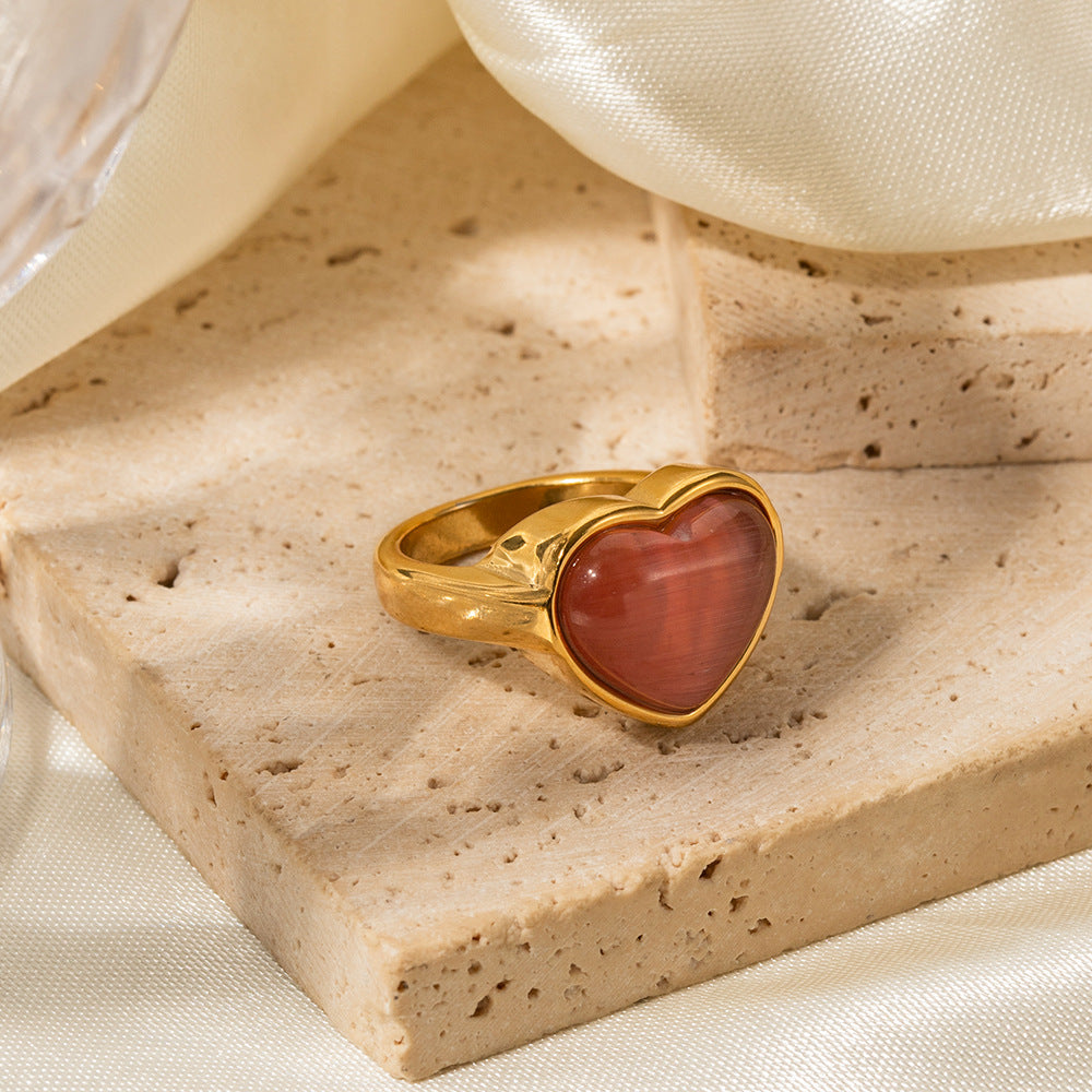 Heart Inlaid Cat's Eye Design Ring