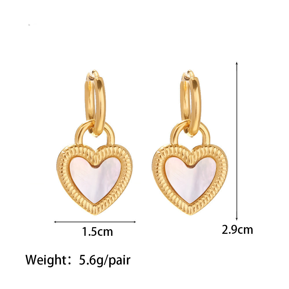 White Natural Shell Heart Lock Design Dangling Earrings