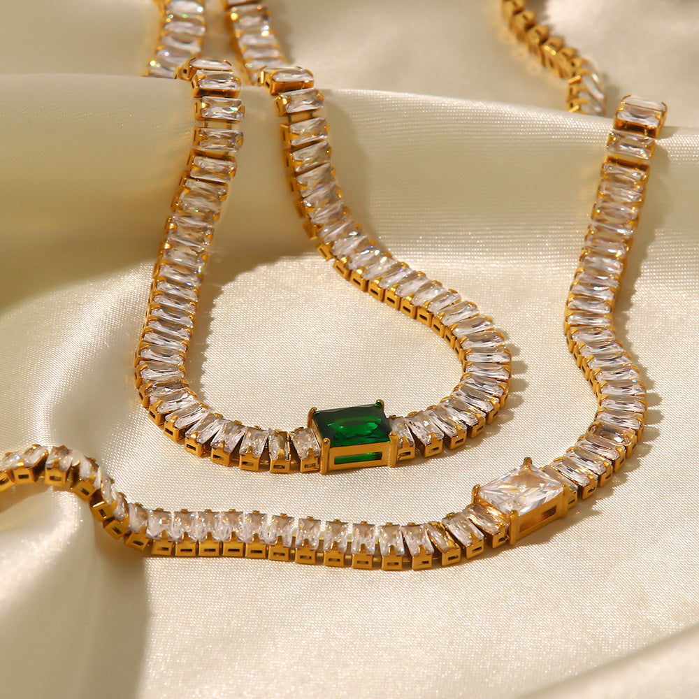 Square Inlaid Green Zircon Design Bracelet Necklace Set