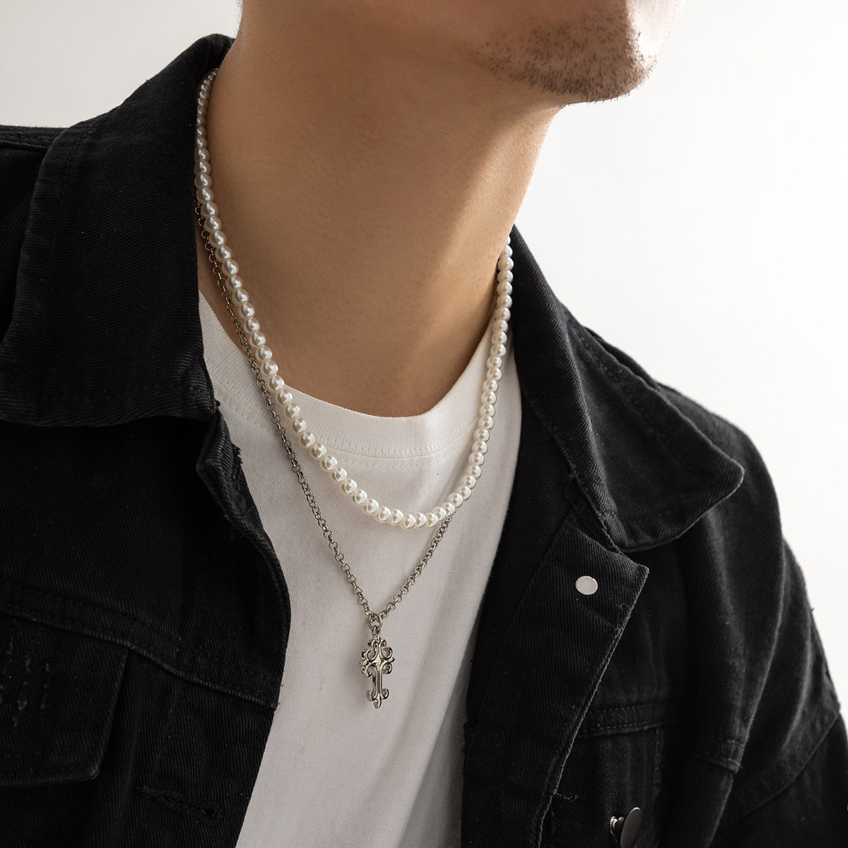 Men's Double-Layer Pearl with Cross Design